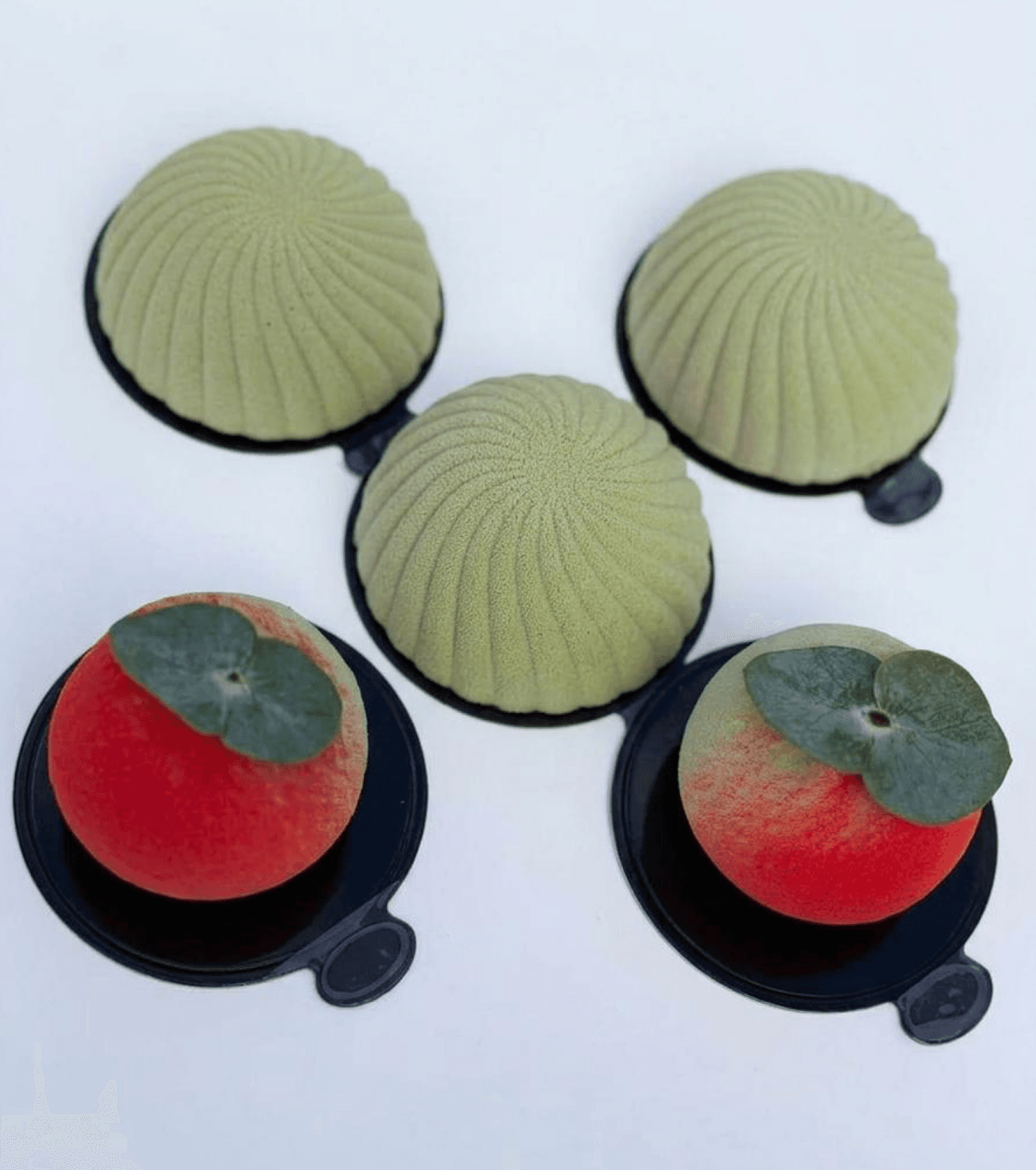 Pistachio mousse spirals and peach desserts — artisan collection
